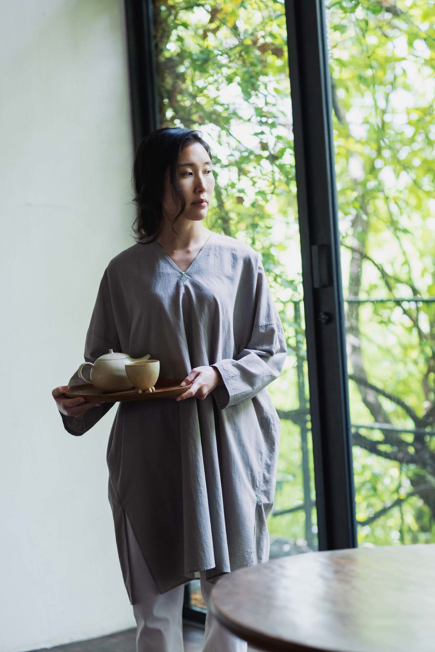 Babaghuri ババグーリ手つむぎ薄手スカート墨黒 くつろ衣 Collection | ババグーリ [Babaghuri]